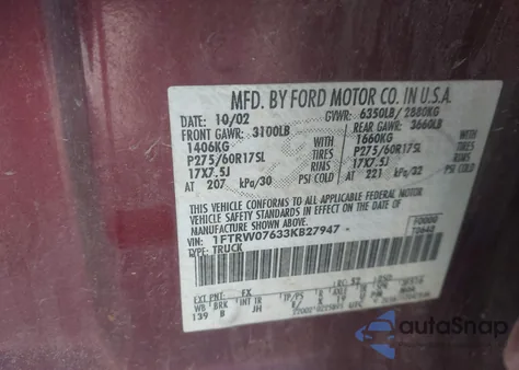 2003 Ford F-150 Lariat/Xlt z USA, uszkodzony, nr VIN 1FTRW07633KB27947